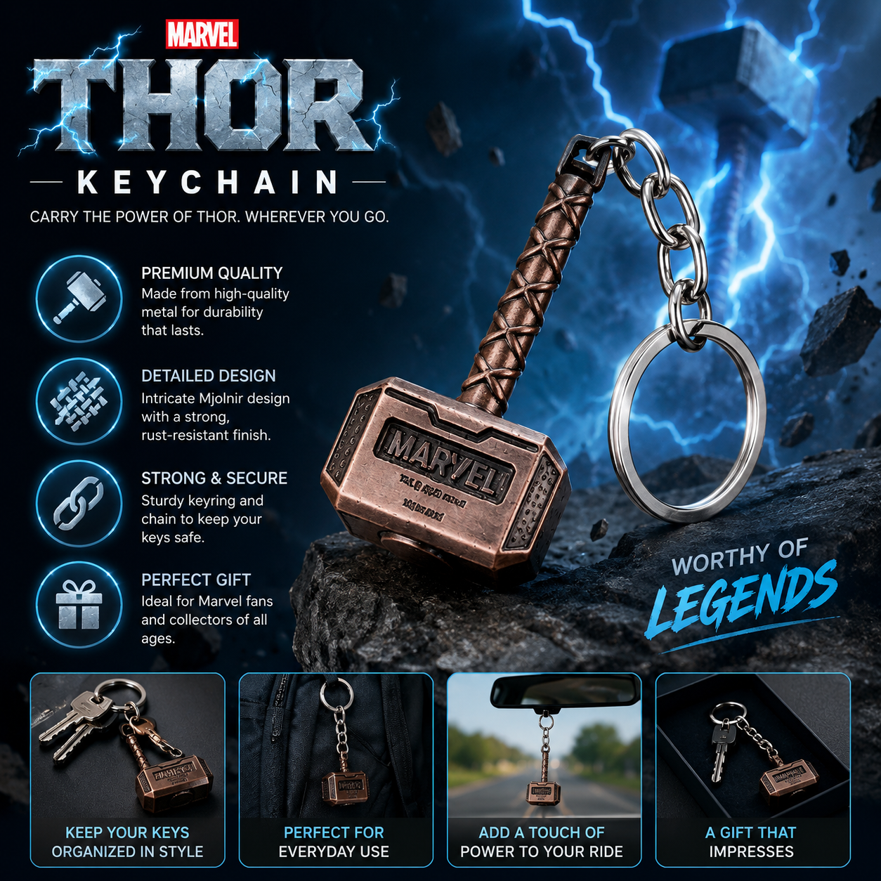 Legendary Thor Hammer Metal Keychain