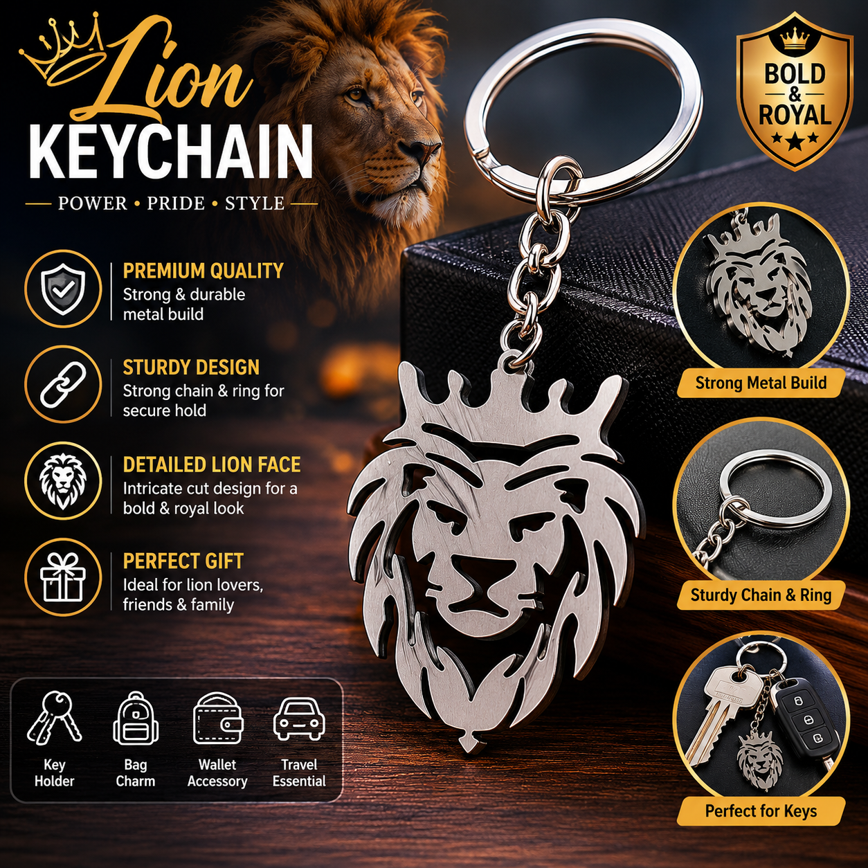 Stylish Metal Lion Head Keychain