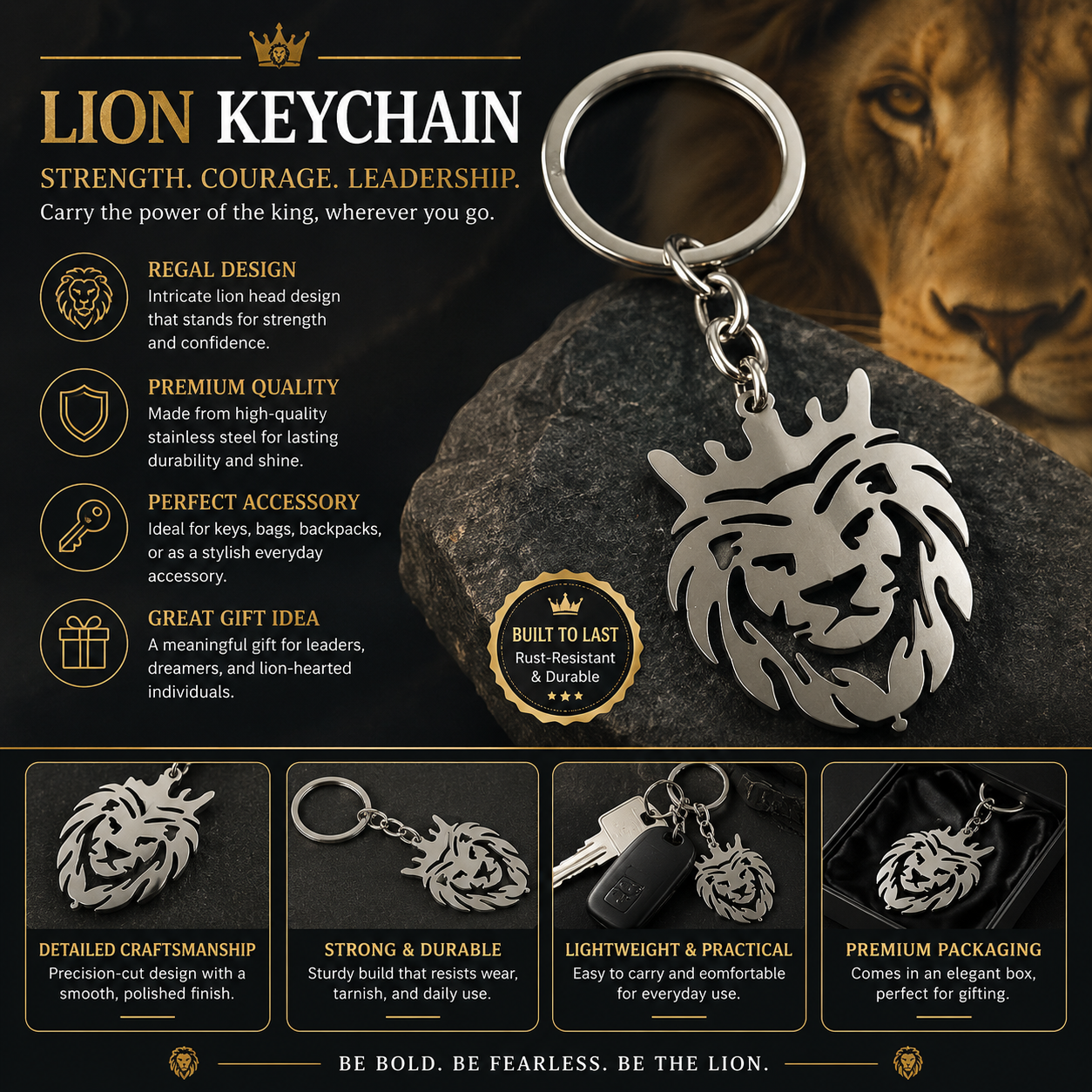 Stylish Metal Lion Head Keychain