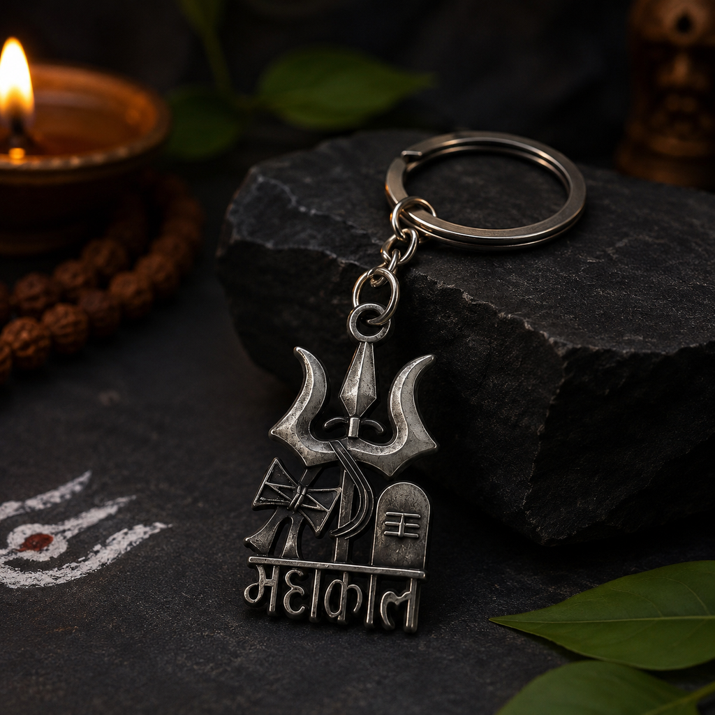 Premium Metal Mahakal Keychain with Trishul, Damru & Shivling