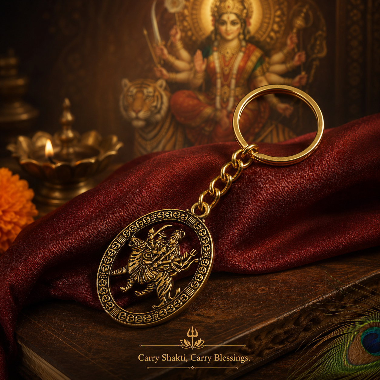 Premium Golden Metal Durga Maa Keychain