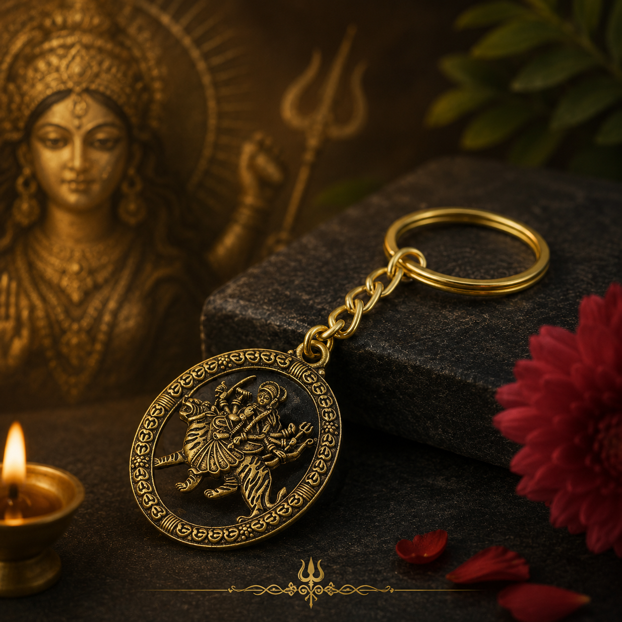 Premium Golden Metal Durga Maa Keychain