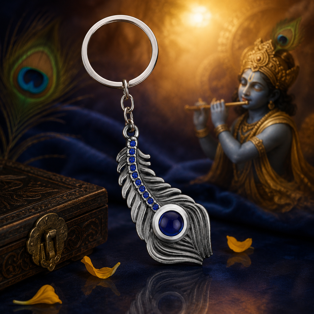 Premium Peacock Feather Metal Keychain with Blue Stone Accent