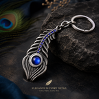Premium Peacock Feather Metal Keychain with Blue Stone Accent