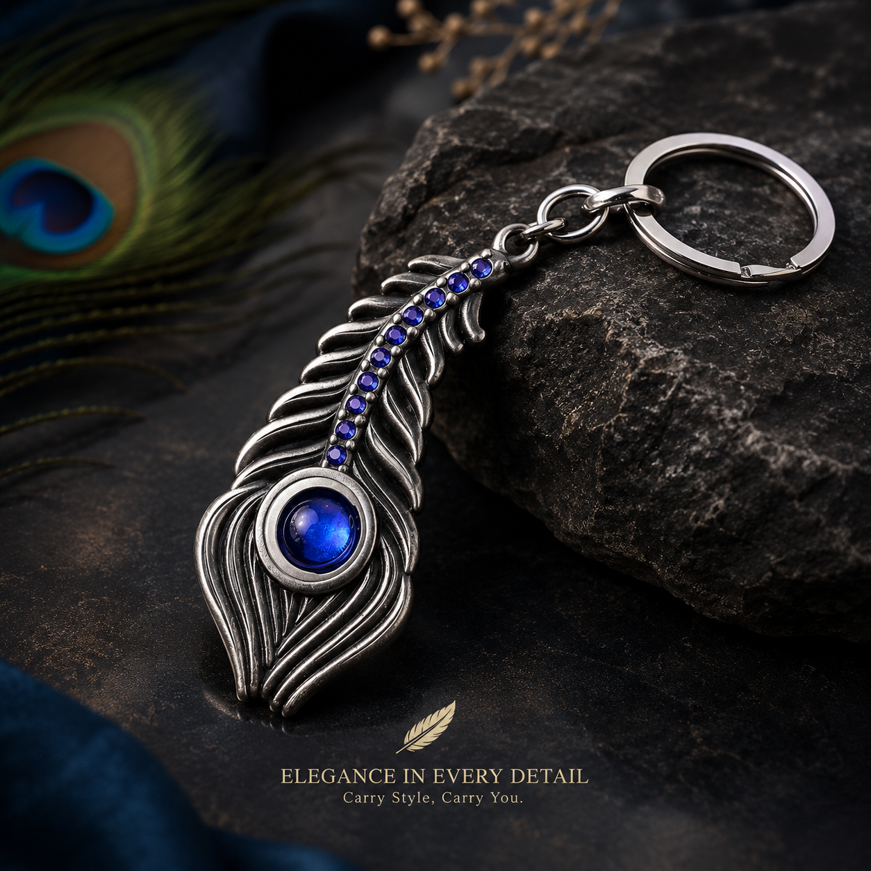 Premium Peacock Feather Metal Keychain with Blue Stone Accent