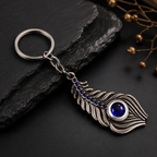 Premium Peacock Feather Metal Keychain with Blue Stone Accent