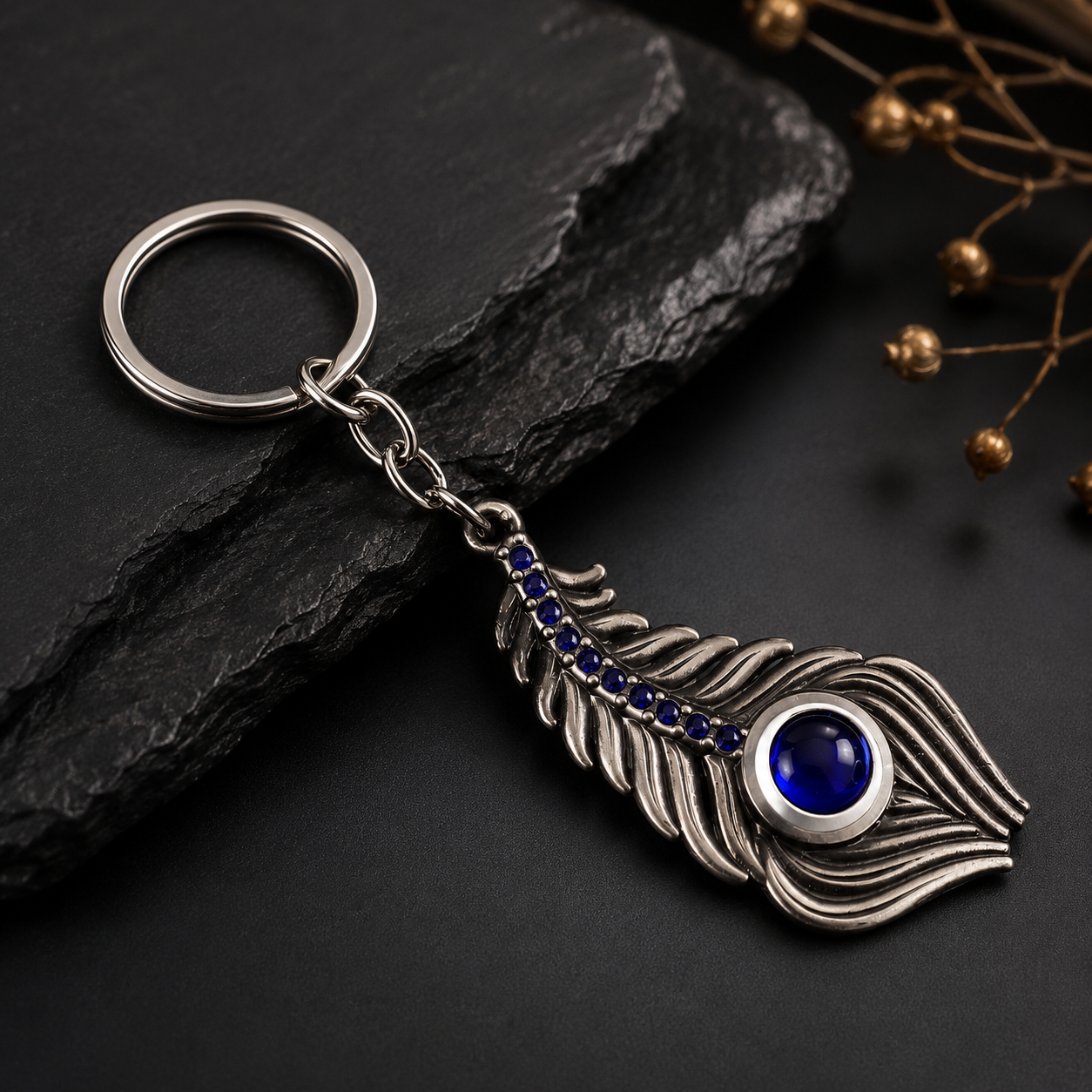 Premium Peacock Feather Metal Keychain with Blue Stone Accent